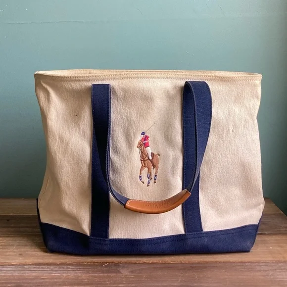 Polo Ralph Lauren Big Pony Canvas and Leather Tote Bag - Picture 1 of 14